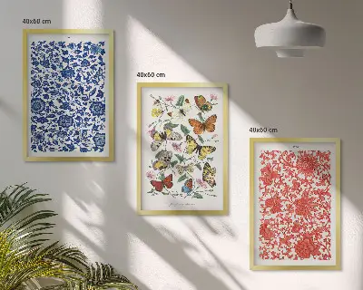Kompozycja obrazów na ścianę vintage kwiaty, motyle i ornamenty