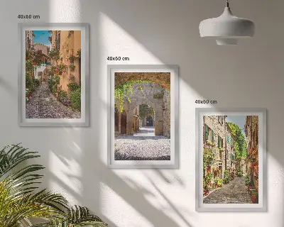 Włoskie uliczki kwiaty architektura zestaw 3 obrazów do salonu