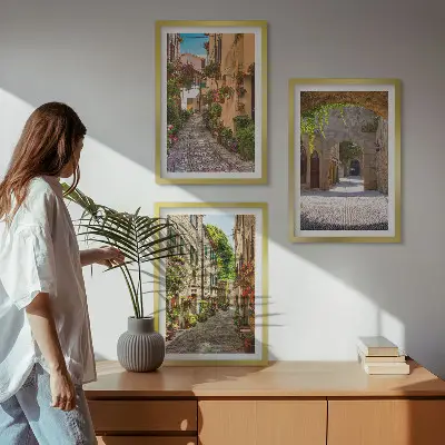 Włoskie uliczki kwiaty architektura zestaw 3 obrazów do salonu