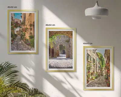Włoskie uliczki kwiaty architektura zestaw 3 obrazów do salonu