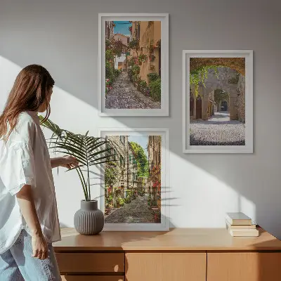 Włoskie uliczki kwiaty architektura zestaw 3 obrazów do salonu