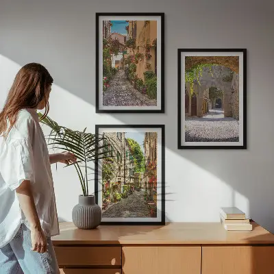 Włoskie uliczki kwiaty architektura zestaw 3 obrazów do salonu