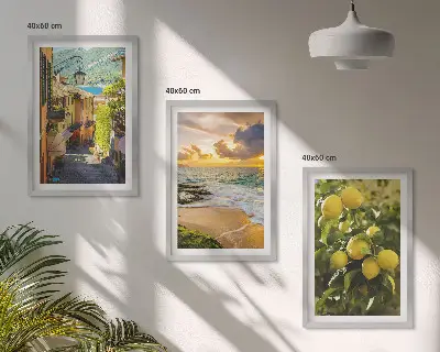 Zestaw 3 obrazów do salonu przedstawiający uliczki, morze, plażę i cytrusy