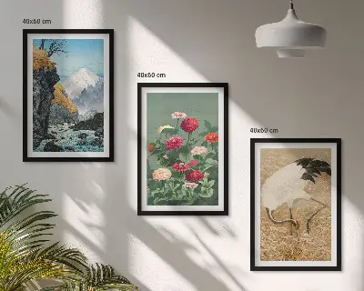 Zestaw obrazów do salonu z krajobrazem gór, rzeki, kwiatów i żurawi