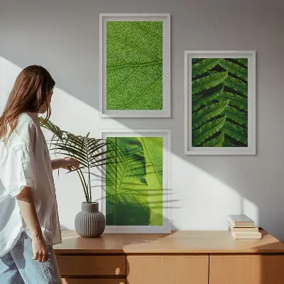 Kompozycja obrazów na ścianę liście tropikalne w makrofotografii