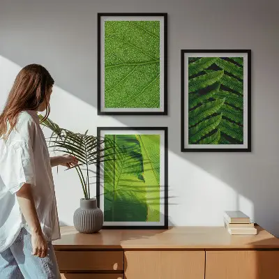 Kompozycja obrazów na ścianę liście tropikalne w makrofotografii