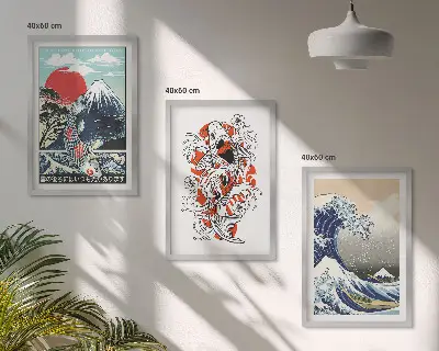 Zestaw 3 obrazów do salonu z motywem gór ryb i Wielkiej Fali w stylu japońskim