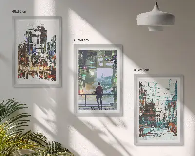 Zestaw obrazów do salonu nowoczesne miasta z kolorowymi postaciami