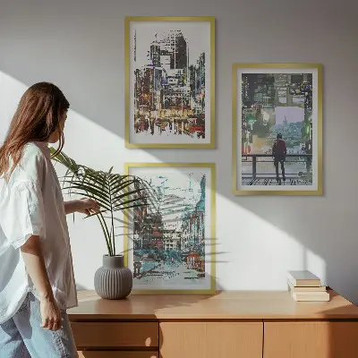 Zestaw obrazów do salonu nowoczesne miasta z kolorowymi postaciami