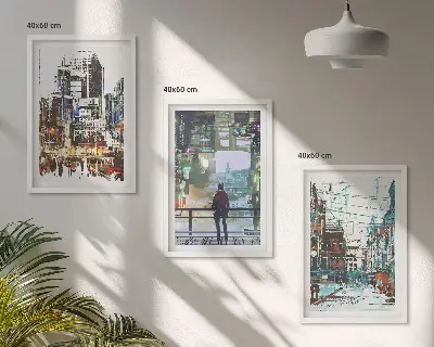 Zestaw obrazów do salonu nowoczesne miasta z kolorowymi postaciami