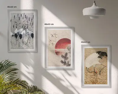 Zestaw obrazów do salonu z motywem japońskich żurawi na tle krajobrazu