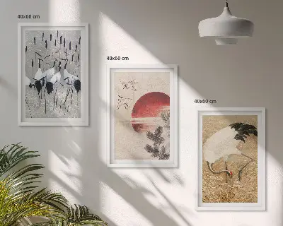 Zestaw obrazów do salonu z motywem japońskich żurawi na tle krajobrazu