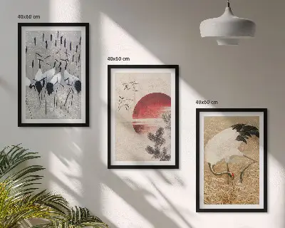 Zestaw obrazów do salonu z motywem japońskich żurawi na tle krajobrazu