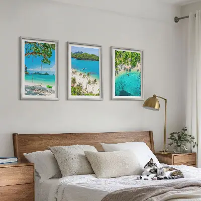 Zestaw obrazów do salonu plaże z palmami i czystą wodą