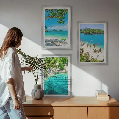 Zestaw obrazów do salonu plaże z palmami i czystą wodą