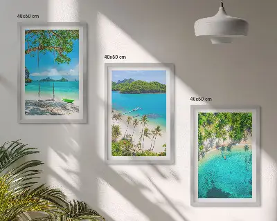 Zestaw obrazów do salonu plaże z palmami i czystą wodą