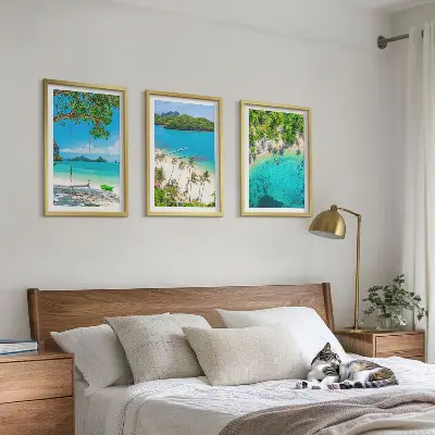 Zestaw obrazów do salonu plaże z palmami i czystą wodą