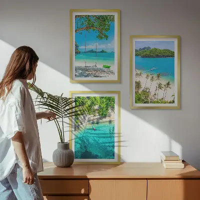 Zestaw obrazów do salonu plaże z palmami i czystą wodą