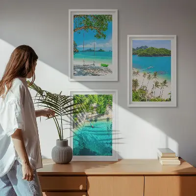Zestaw obrazów do salonu plaże z palmami i czystą wodą