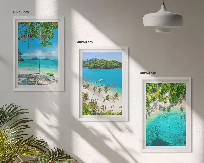 Zestaw obrazów do salonu plaże z palmami i czystą wodą