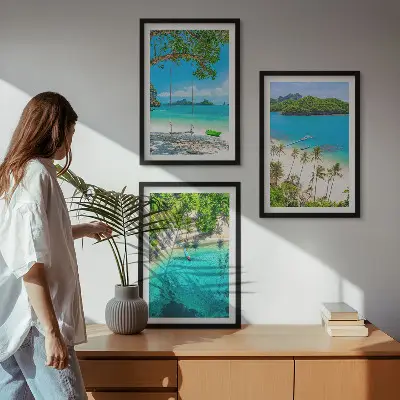 Zestaw obrazów do salonu plaże z palmami i czystą wodą