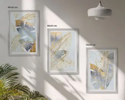 Zestaw obrazów do salonu liście niebiesko-beżowe w jasnej tonacji