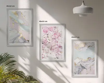 Zestaw 3 obrazów do salonu różowe kwiaty z motywem marmuru w odcieniach pasteli