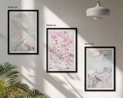 Zestaw 3 obrazów do salonu różowe kwiaty z motywem marmuru w odcieniach pasteli