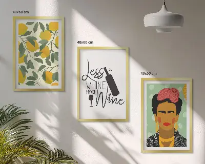 Kompozycja obrazów na ścianę cytryny, wino i portret Fridy