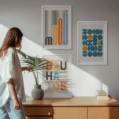 Geometryczne wzory Bauhaus zestaw 3 obrazów do salonu