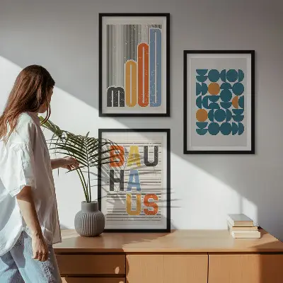 Geometryczne wzory Bauhaus zestaw 3 obrazów do salonu
