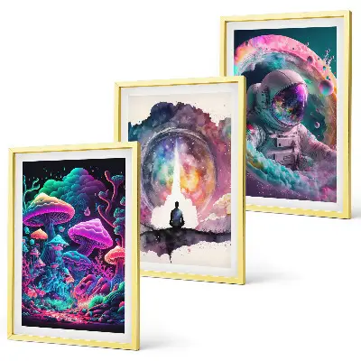 Zestaw 3 obrazów do salonu kolorowe ilustracje w stylu fantasy