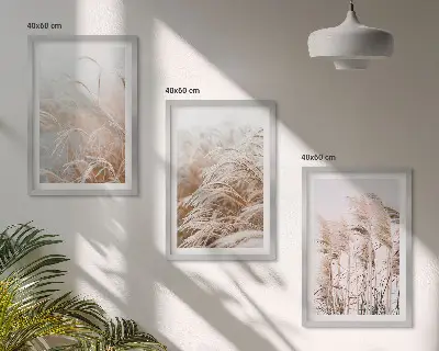 Zestaw obrazów do salonu pola traw w brązie i beżu