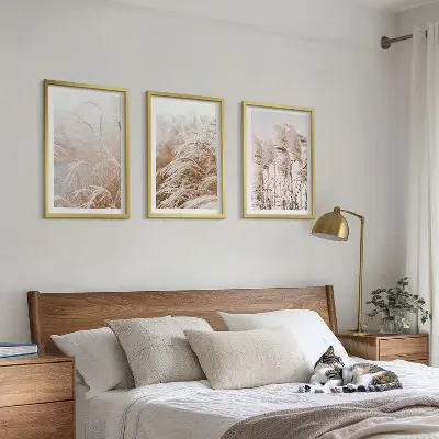 Zestaw obrazów do salonu pola traw w brązie i beżu