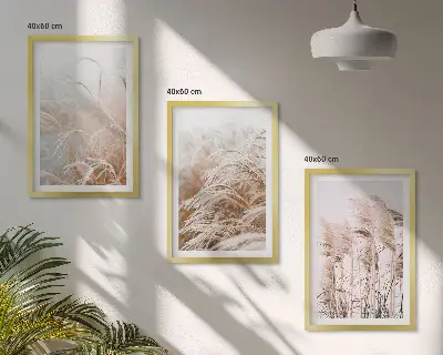 Zestaw obrazów do salonu pola traw w brązie i beżu