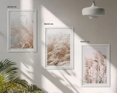 Zestaw obrazów do salonu pola traw w brązie i beżu
