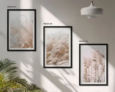 Zestaw obrazów do salonu pola traw w brązie i beżu