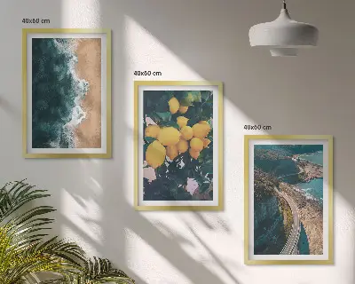 Zestaw 3 obrazów do salonu z motywem morza, plaży, cytryn i gór