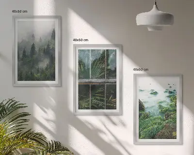 Zestaw 3 obrazów do salonu las we mgle nad brzegiem rzeki