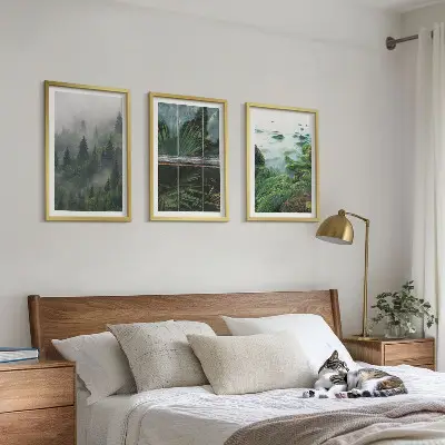 Zestaw 3 obrazów do salonu las we mgle nad brzegiem rzeki