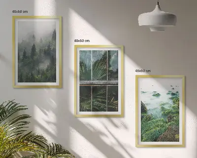 Zestaw 3 obrazów do salonu las we mgle nad brzegiem rzeki