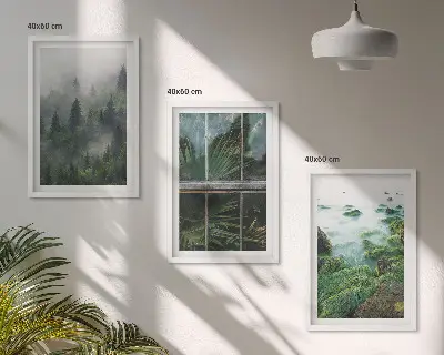 Zestaw 3 obrazów do salonu las we mgle nad brzegiem rzeki
