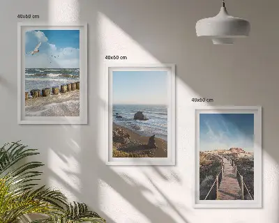 Zestaw obrazów do salonu plaża z falami, niebem i molo