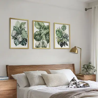 Zielone liście tropików akwarela zestaw 3 obrazów do salonu