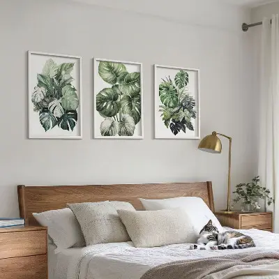 Zielone liście tropików akwarela zestaw 3 obrazów do salonu