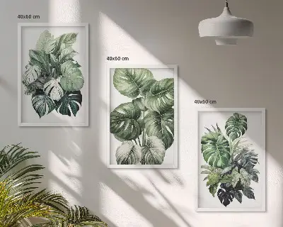 Zielone liście tropików akwarela zestaw 3 obrazów do salonu