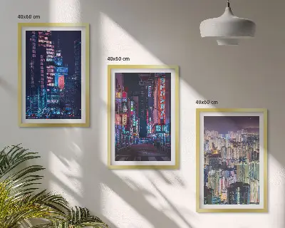Zestaw 3 obrazów do salonu nocne miasto z neonowymi światłami