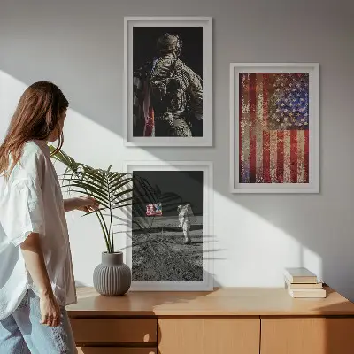 Kompozycja obrazów na ścianę z motywem amerykańskich symboli oraz flagi USA