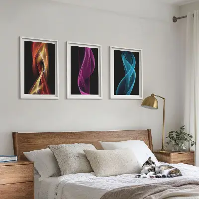 Zestaw 3 obrazów do salonu fale neonowe linie na ciemnym tle