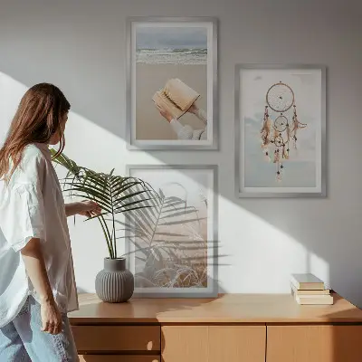 Kompozycja obrazów na ścianę spokojne pejzaże w stylu boho
